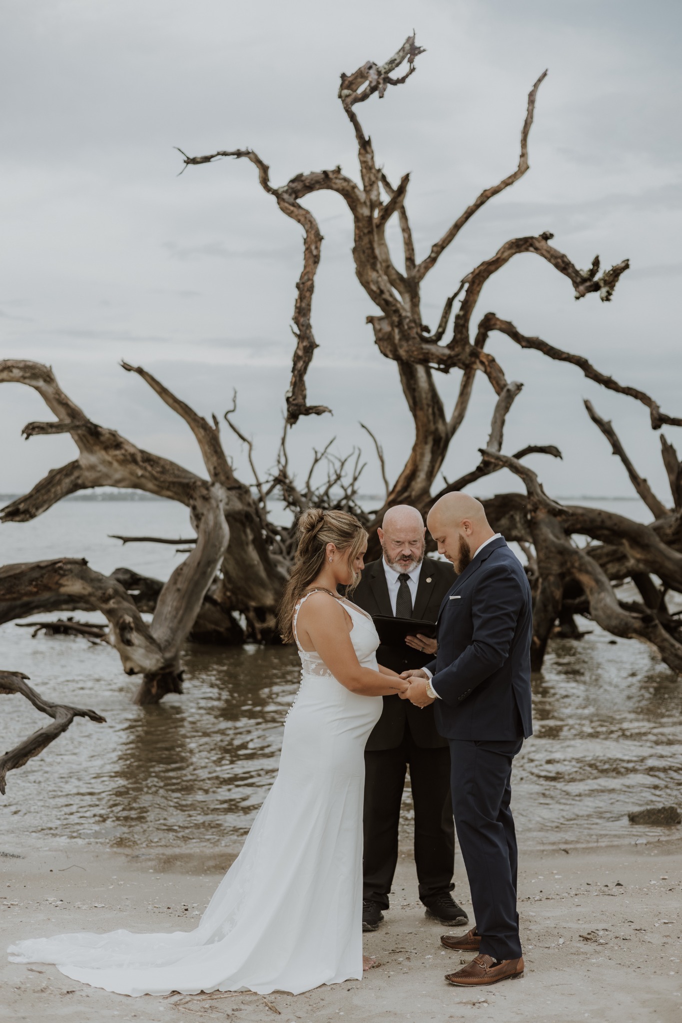 Rev. Philip Ayles officiating a beach wedding beside a driftwood tree